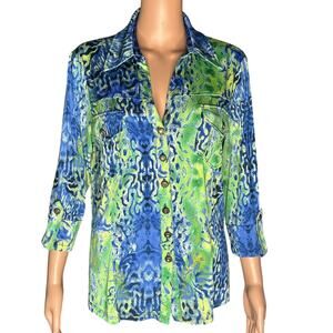Klaveli animal print blouse in green and blue size L